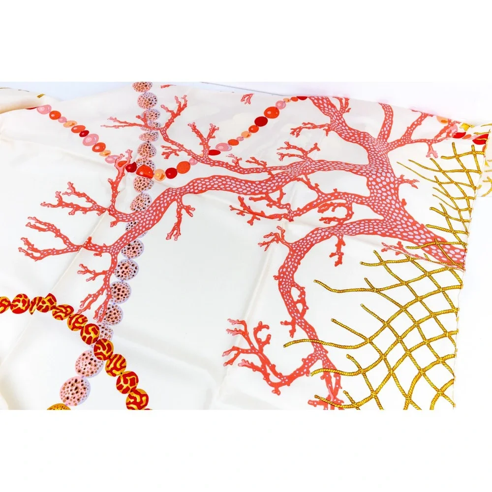 Vintage Angela Cummings Italian Silk Twill Scarf Nautical Coral Net In Box 35x35